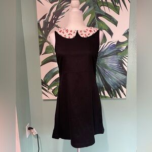 🍒Rockabilly Black Mini Dress with Cherry Print Collar and Waist Tie
